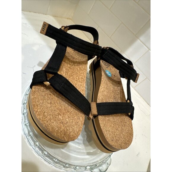Reef Rem Hi Womens Platform Sandals Sz 8 Black Adjustable Straps Cork - MINT - Picture 2 of 14